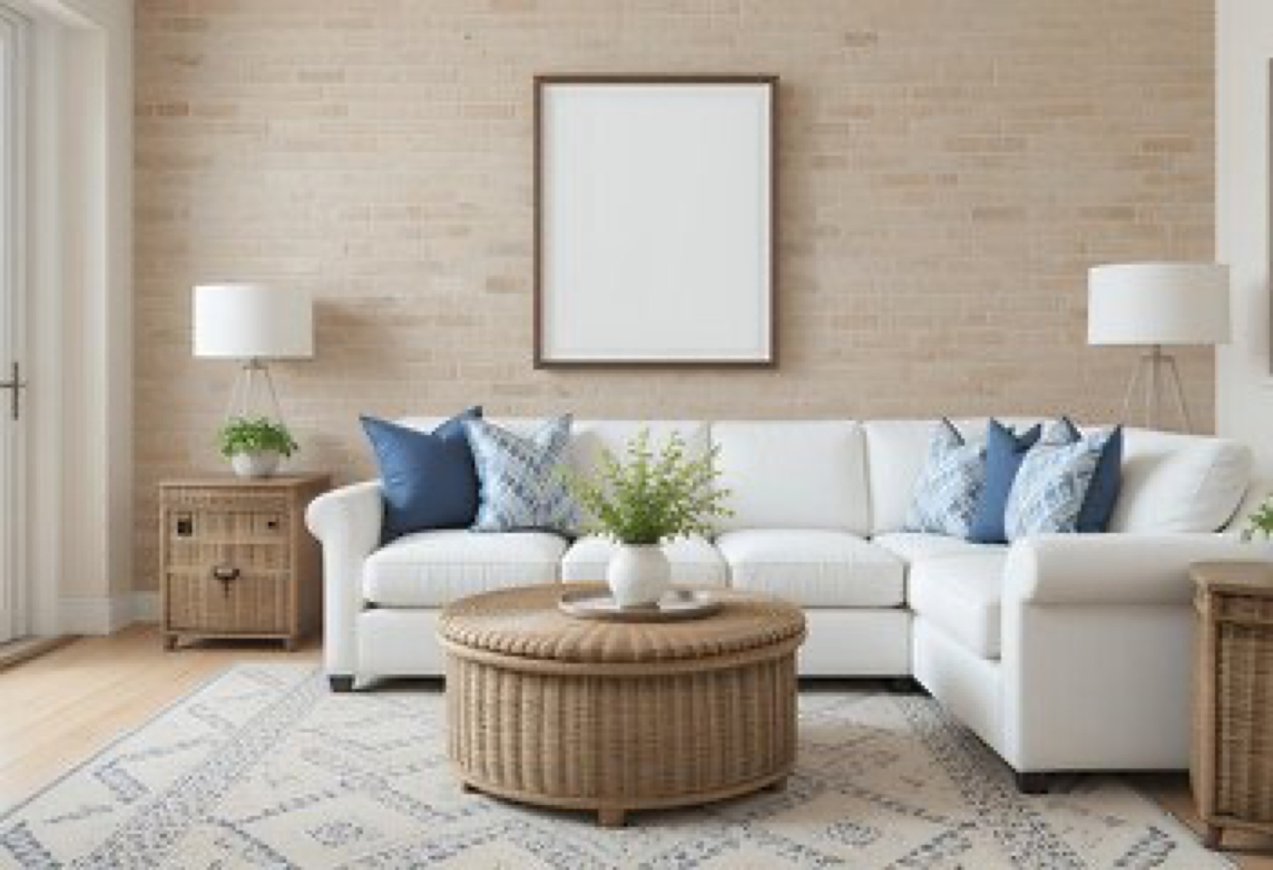 A serene, art-filled living room styled by Langley Art & Home