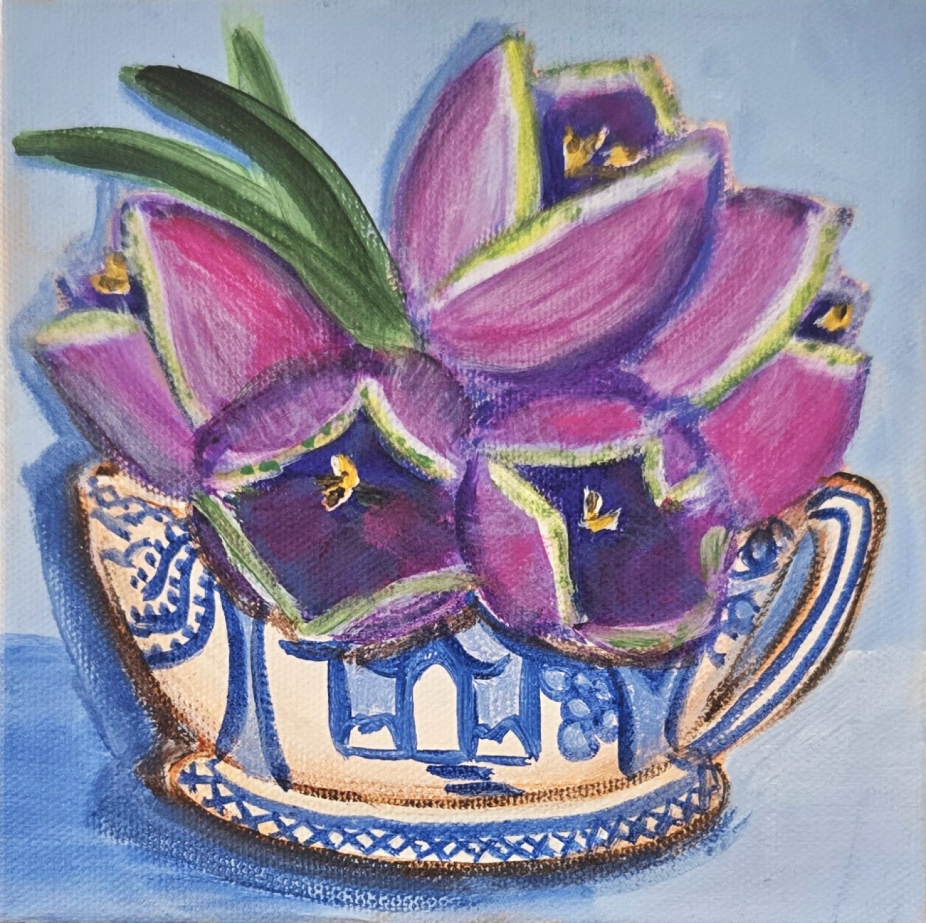 Crocus in Teacup, Acrylic, Canvas 6″×6″ at Langley Art & Home