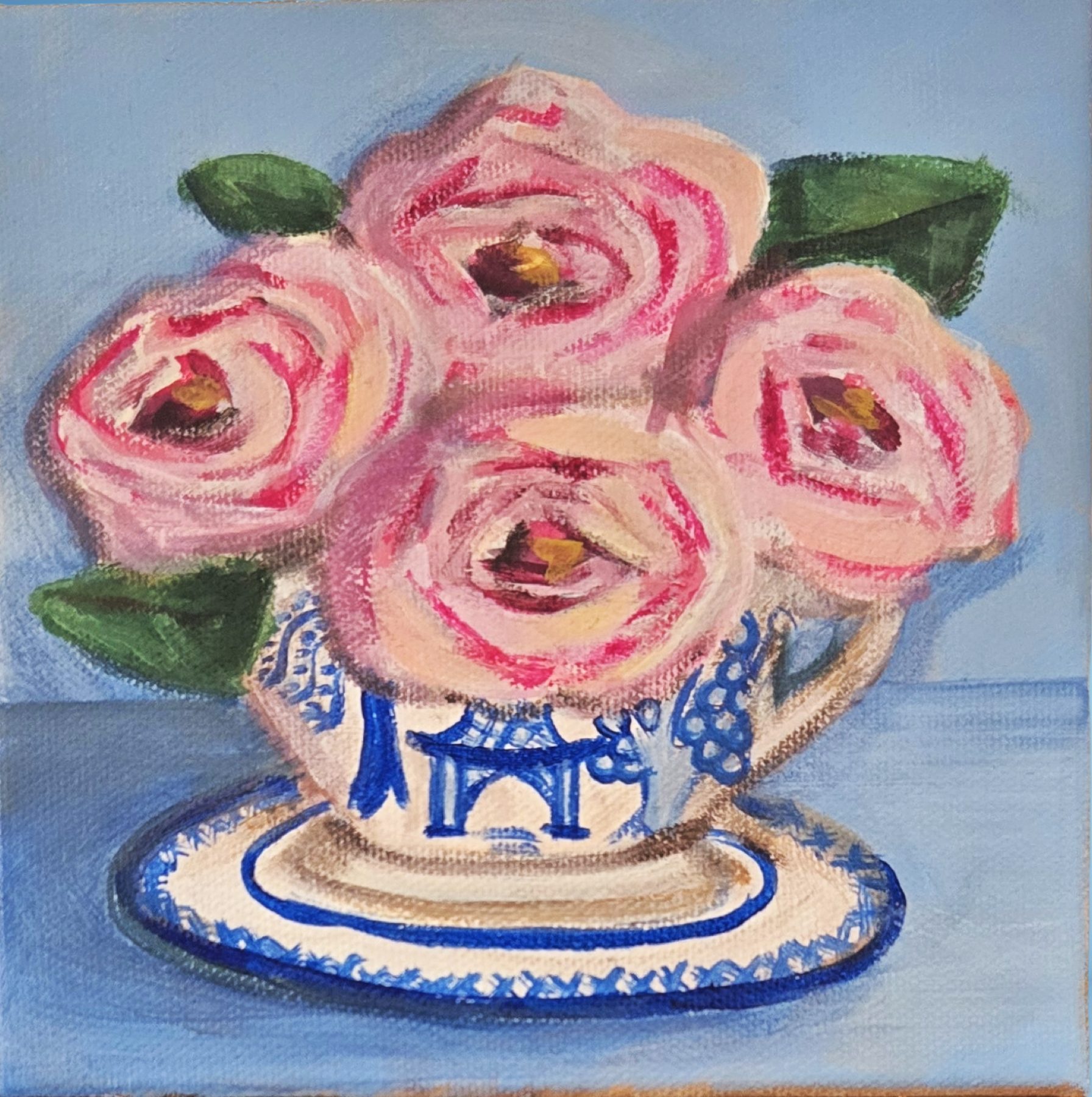 Roses, Blue & White, Acrylic, Canvas 6″×6″ at Langley Art & Home
