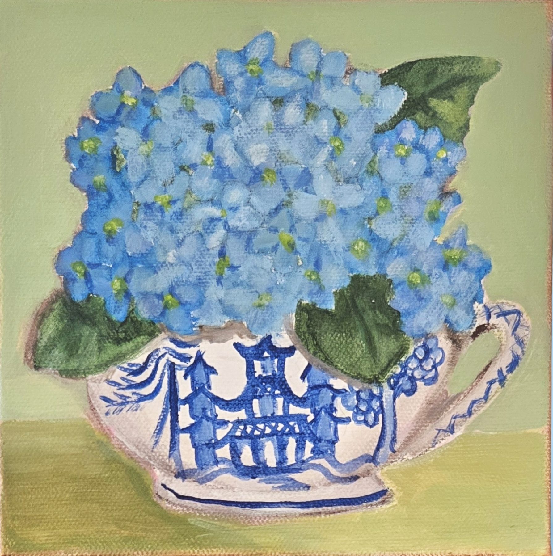 Violets in Teacup, Acrylic, Canvas 6″×6″ at Langley Art & Home
